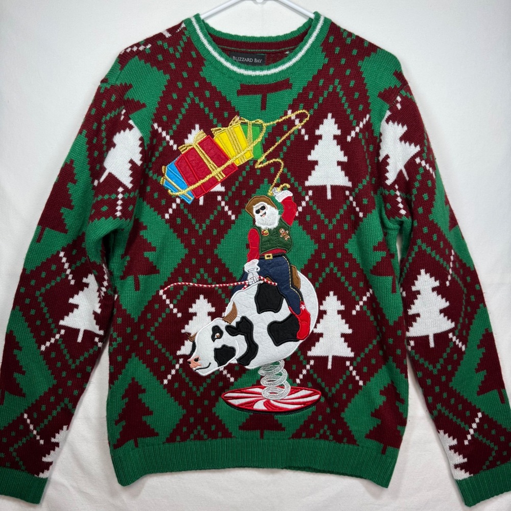 Blizzard Bay‎ Mens Ugly Christmas Sweater Santa Riding Cow Pullover Sz Medium